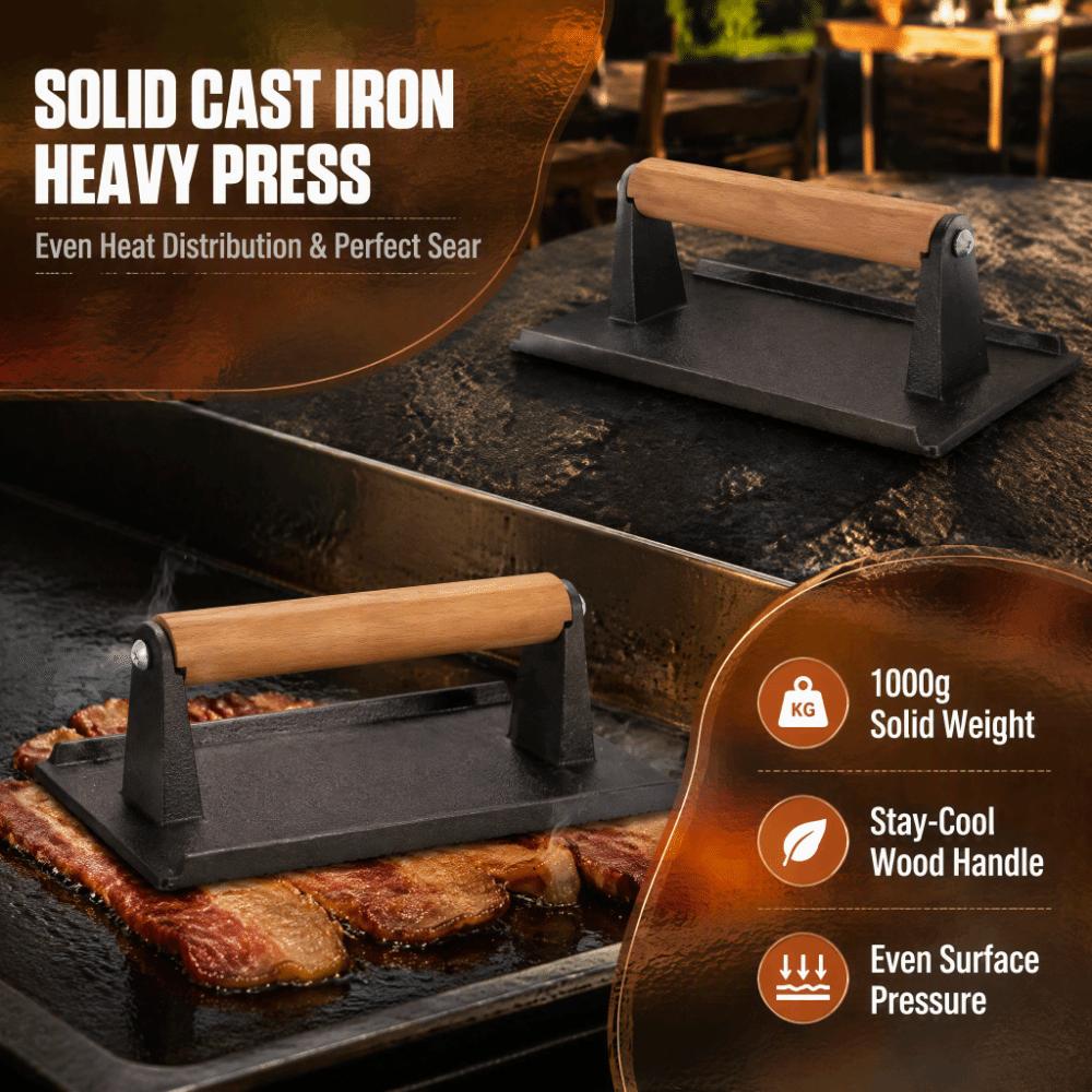 Cast Iron Burger Press Wood Handle Bacon Press Durable Cast Iron Grill Press  BBQ Grilling