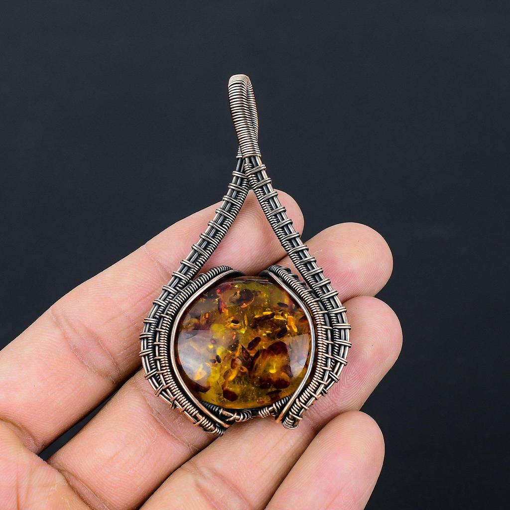 Unique Baltic Amber Gemstone Pure Copper Wire Wrapped Handmade Jewelry Pendant