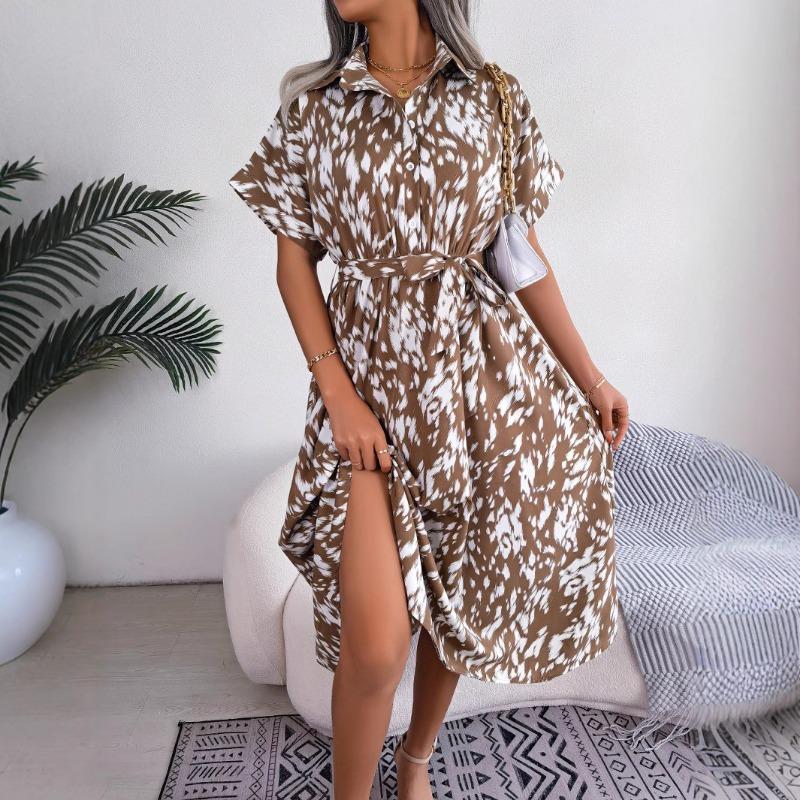 Women's Spring/summer Casual Loose Leopard Print Lace-up Shirt Dress
