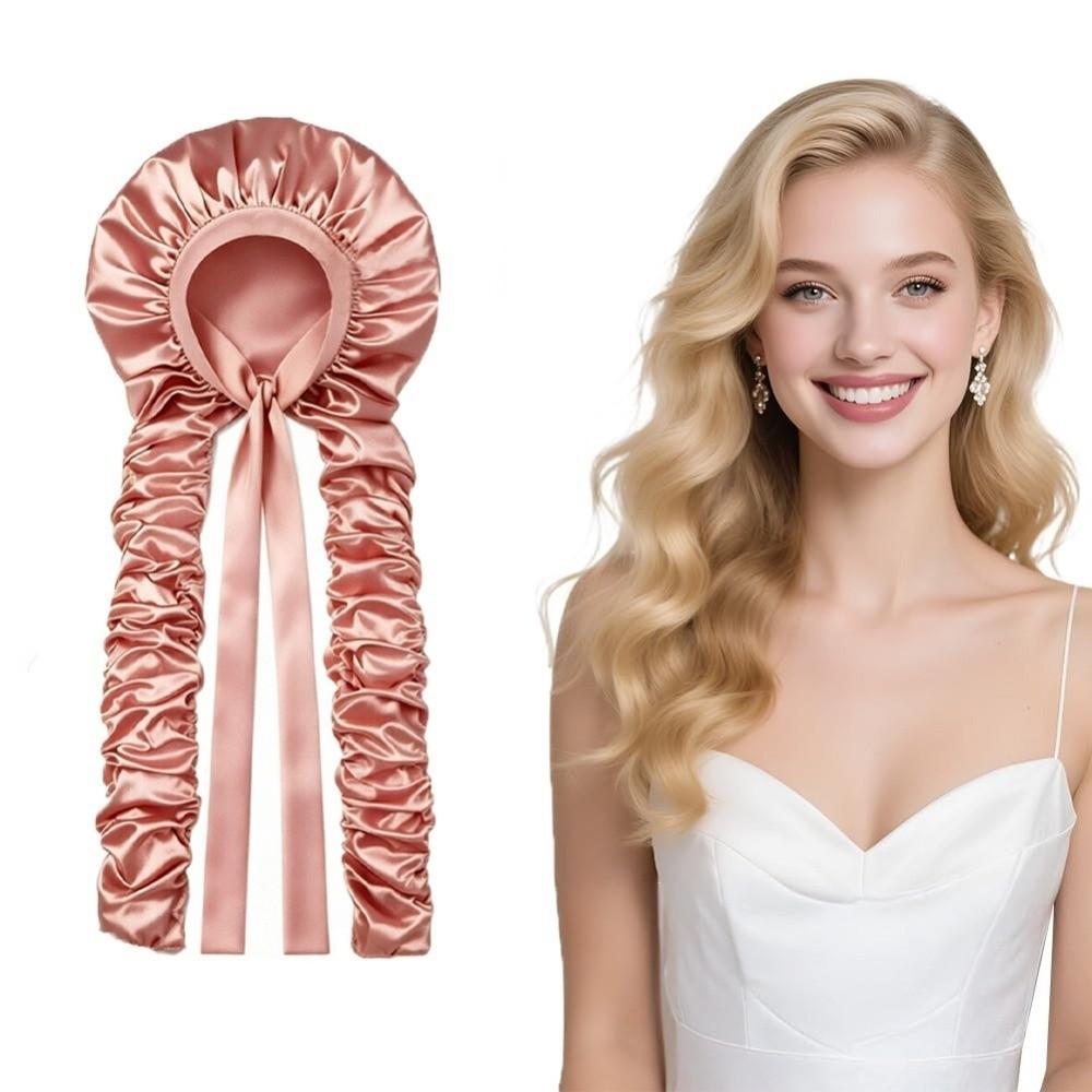 Lightweight Satin Sleep Cap Adjustable Ribbon Tie Ruched Long Tube Hair Cap Hair Protection