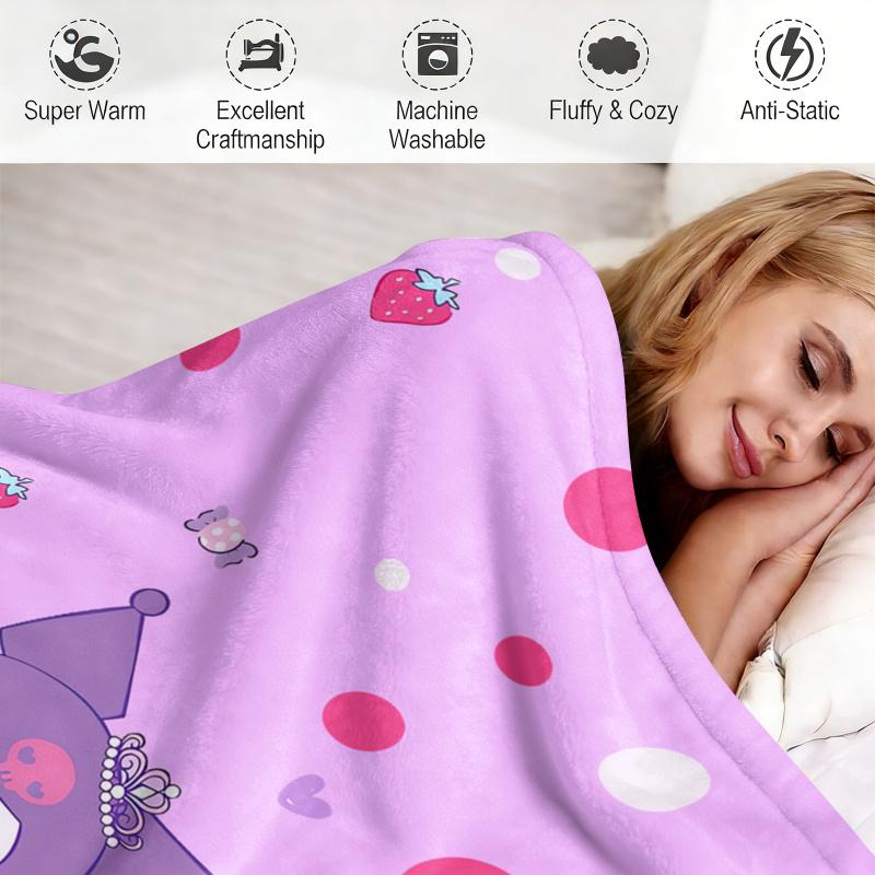 Kuromi Purple Polka Dot Flannel Blanket Soft Warm Throw Japanese Anime Camping Office Bedroom School Nap Blanket Summer Quilt