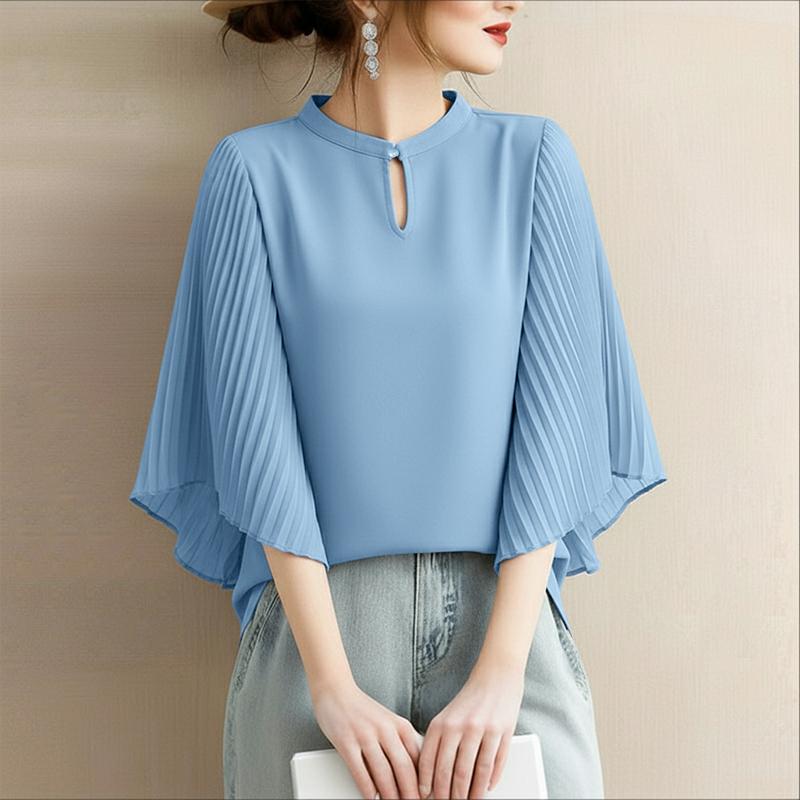 ZANZEA Women Elegant Stand Collar Solid Color Loose 3/4 Sleeve Blouse S синий