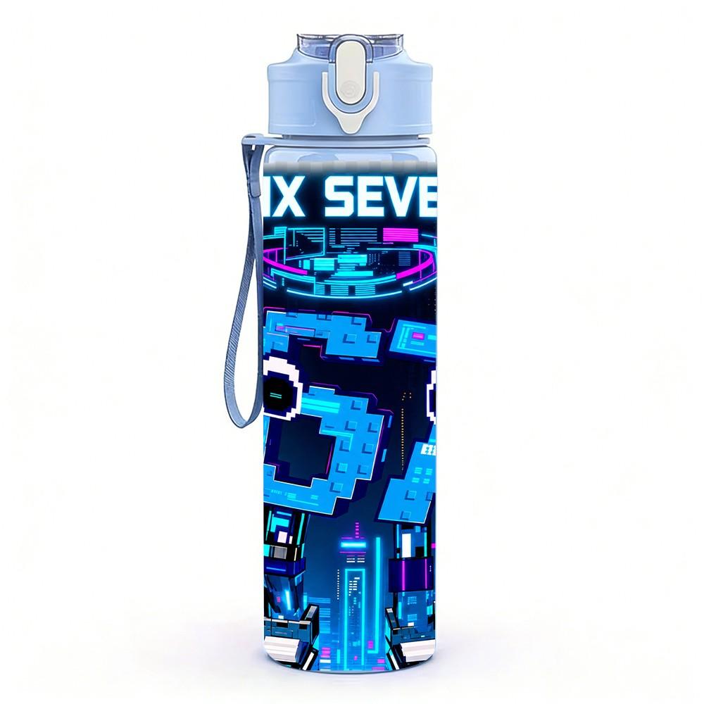 1 Stück Six Seven Spielkonsole 750ml Farbe Kunststoff Sport-Wasserflasche Auslaufsicher Klappdeckel mit Strohhalm Geeignet für Sport Büro Heimgebrauch blau