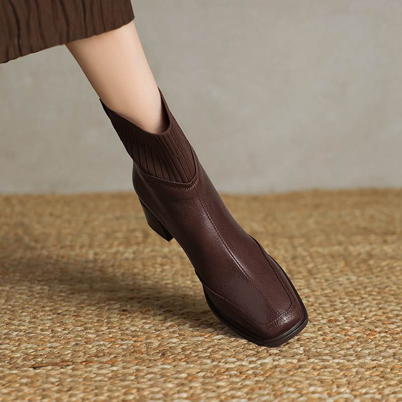 Krazing Pot Sheepskin Autumn Winter Shoes Thick Heels Size 42 Square Toe Zipper Knitwear Vintage Ankle Boots