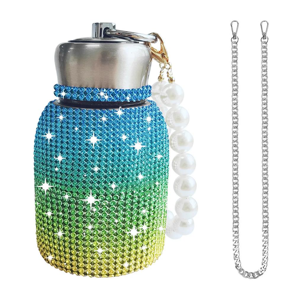 300ml Luxus Strass Edelstahl Isolierbecher Funkelnd Tragbar Perlenkette Wasserflasche Tragbar Reise Vakuumflaschen