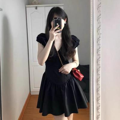 French Hepburn Style Black Dress Women's Summer Waist, Sweet and Spicy Skirt, Small Man Looking Thin, Small Black Dress Short Skirt