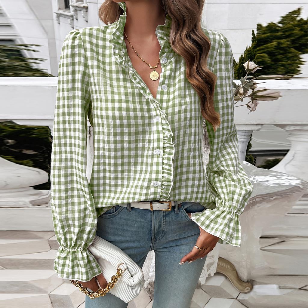 Camisa de Cuadros con Cuello en V para Mujer Camisa con Volantes Top de Manga Larga