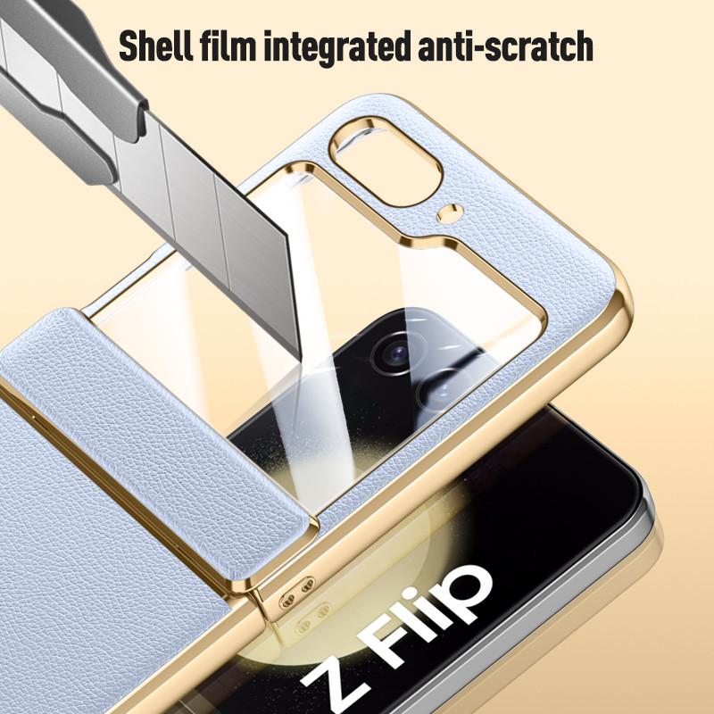 For Samsung Z Flip 5 Plating Leather Hinge Case for Samsung Galaxy Z Flip 5 Flip5 Zflip5 5G Shockproof Glass Film Bag Cases