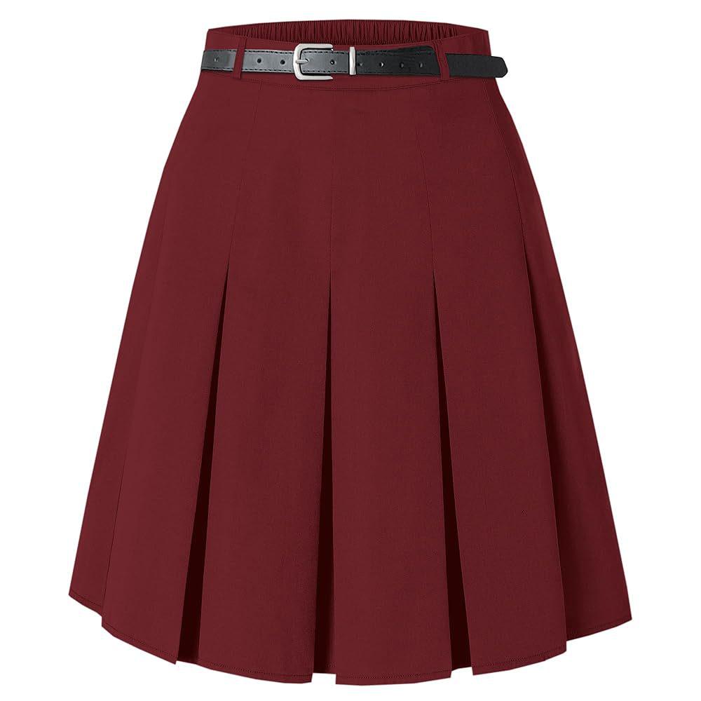 US Plus Size Women's Elegant Knee-Length Pleated Midi Skirt with Belt