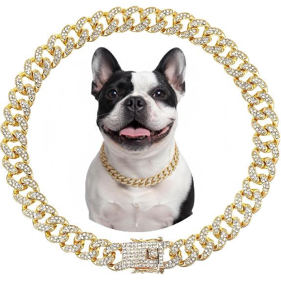 Tallew Dog Chain Diamond Collar Gold 16 Mm Wide Walking Metal Chain Necklace with Secure Buckle Pet Cuban Style Collar Jewelry Accessories for Small