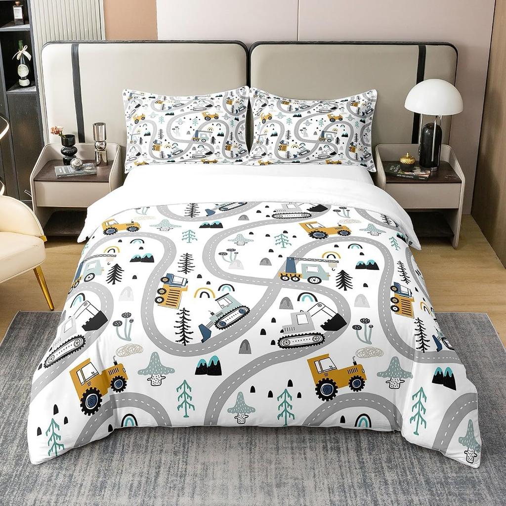 Cartoon Camping Excavator Duvet Cover Set King Size Luxury Truck Bedding Set Camping Essentials 3 Piece Set With 2 Pillowcases