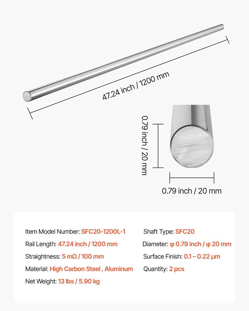 2PCS Linear Motion Rod, 20 Mm X 1200 Mm (0.79 X 47.24 In), SFC20 Carbon Steel Linear Rod Shaft, Anti Rust and High Precision, High Hardness Shaft, for