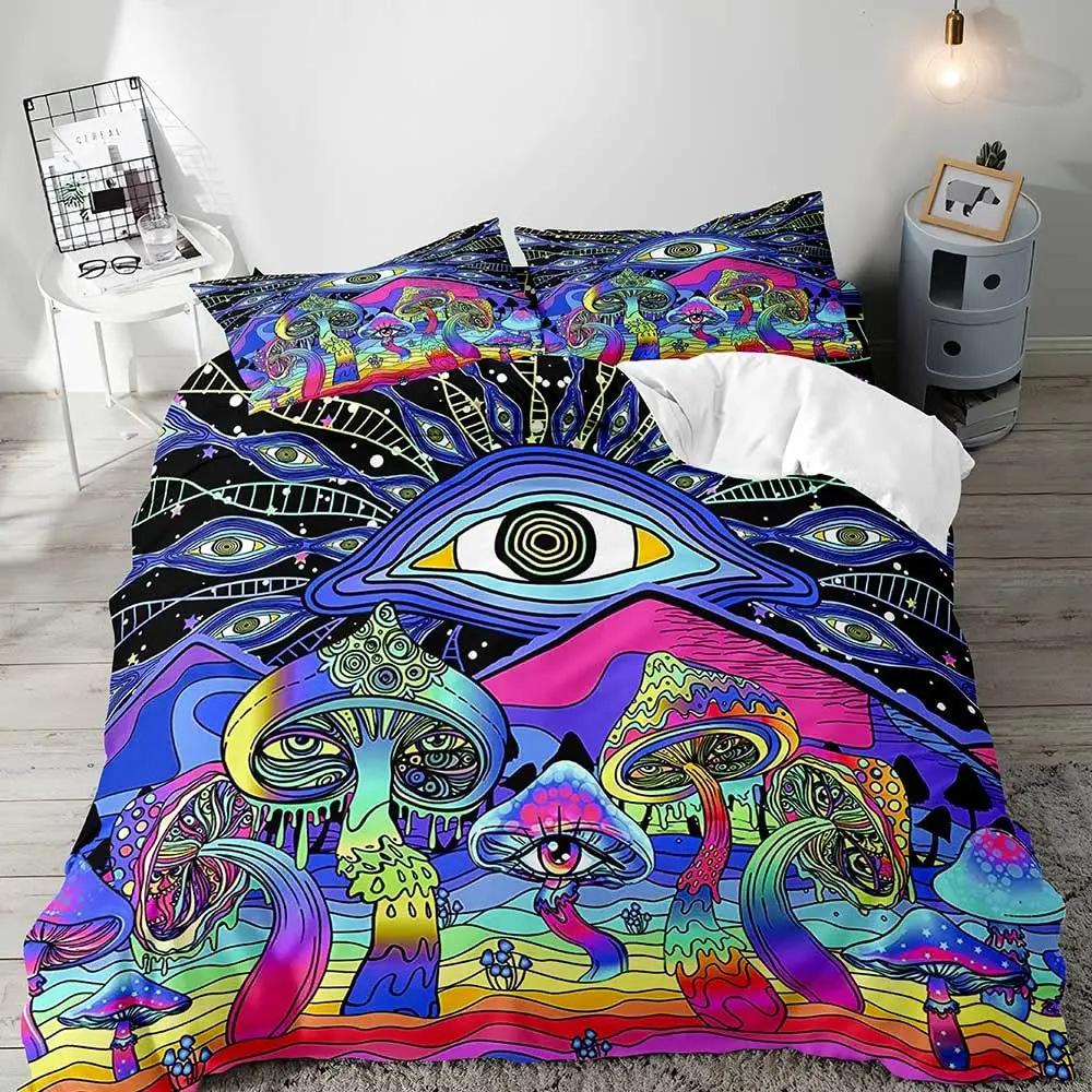Psychedelic Mushroom Duvet Set Plant Bohemian Theme Bedding Quilt Set Three-Piece Set