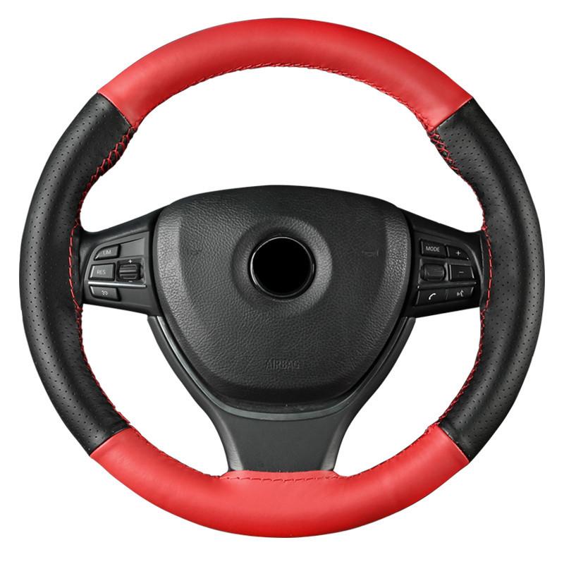 38cm Genuine Leather Car Steering Wheel Cover Hand Stitched Perforated & Two-Tone Design All Season With Thread Needles