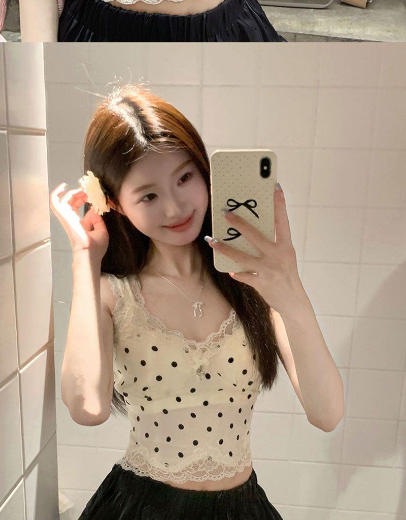Chic Polka Dot Lace Camisole: French-Style Summer Top for Women