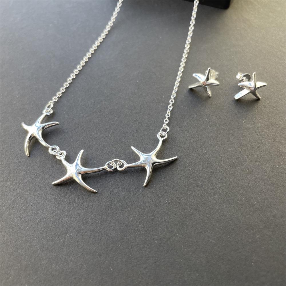 925 Sterling Silver Starfish Necklace Earrings Set Birthday Party Anniversary Gift Suitable for Women's Daily Wear