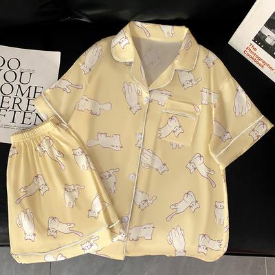 Sommer-Pyjama-Set für Damen, luxuriöser Pyjama aus Satin und Seide, kurzärmelig, niedlicher Cartoon, Nachtwäsche, lässige Heimkleidung, Nachtwäsche für Damen