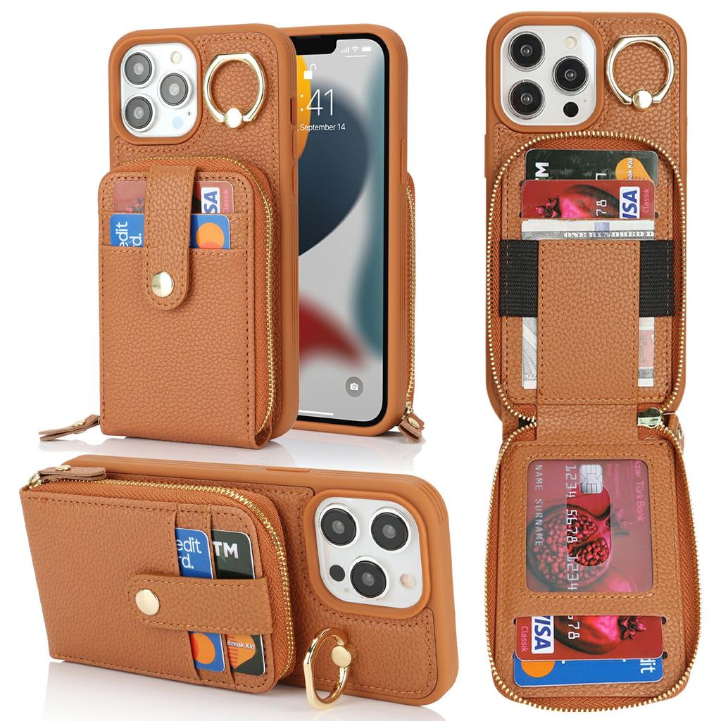 For iPhone 13 Pro Max/12 Pro Max Case with Zipper Pouch/Ring Kickstand/Strap Litchi Texture PU+TPU Phone Cover
