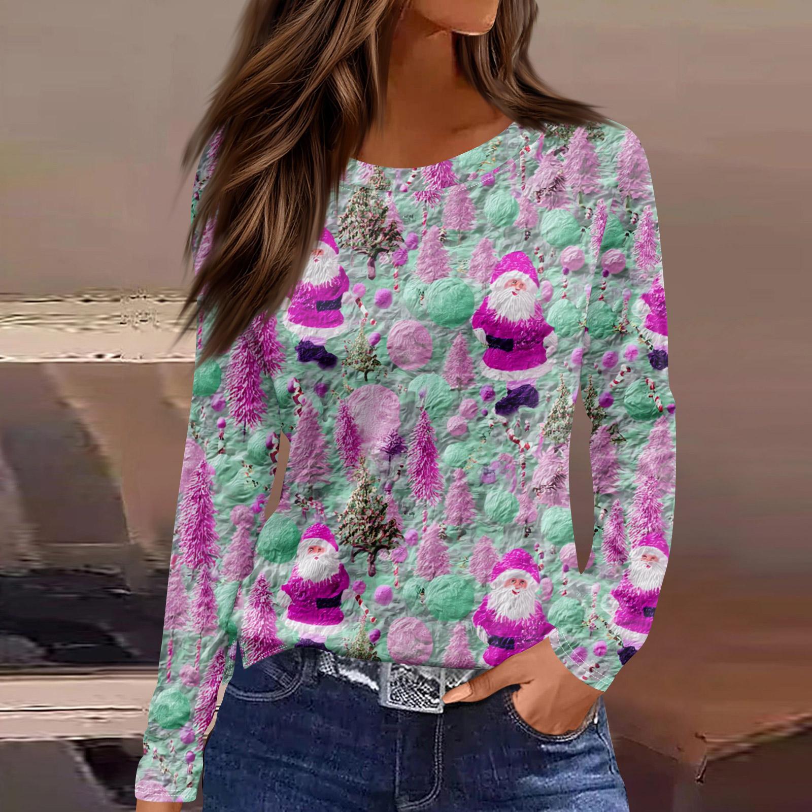 

Женская мода повседневный топ с разрезом по низу и рождественским принтом с круглым вырезом и длинными рукавами XL