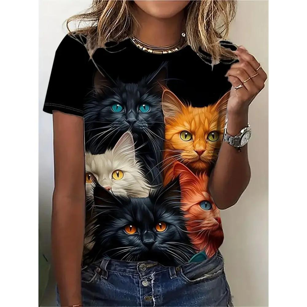 Women Animal Cat 3D Printed Summer Short Sleeved  Cute Girl Street Wear Oversized Pullover