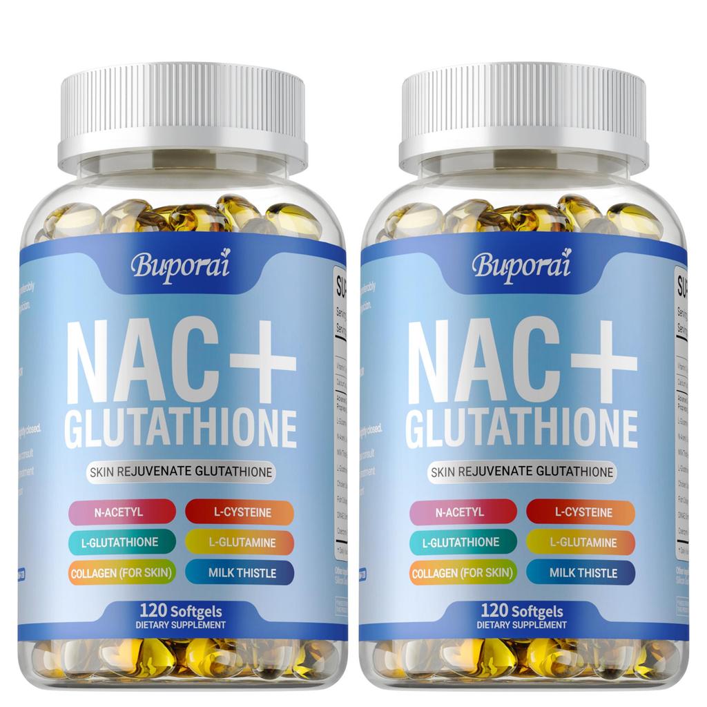 Capsule con Complesso NAC+ Glutatione, contenenti collagene, estratto di cardo mariano, antiossidante, adatte agli adulti.