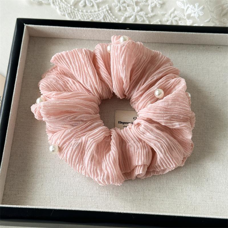 Pleated Texture Pearl Inlaid Large Hair Scrunchies Elegant White Pink Black Elastic Headbands Wedding Guest Hair Decor