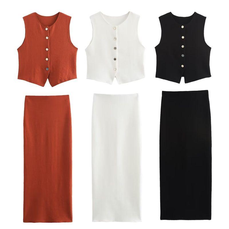 Kaslead New Arrival Women's Clothing Fashion Style Decorated Row Button Knitting Vest Skirt 5584664 5584665