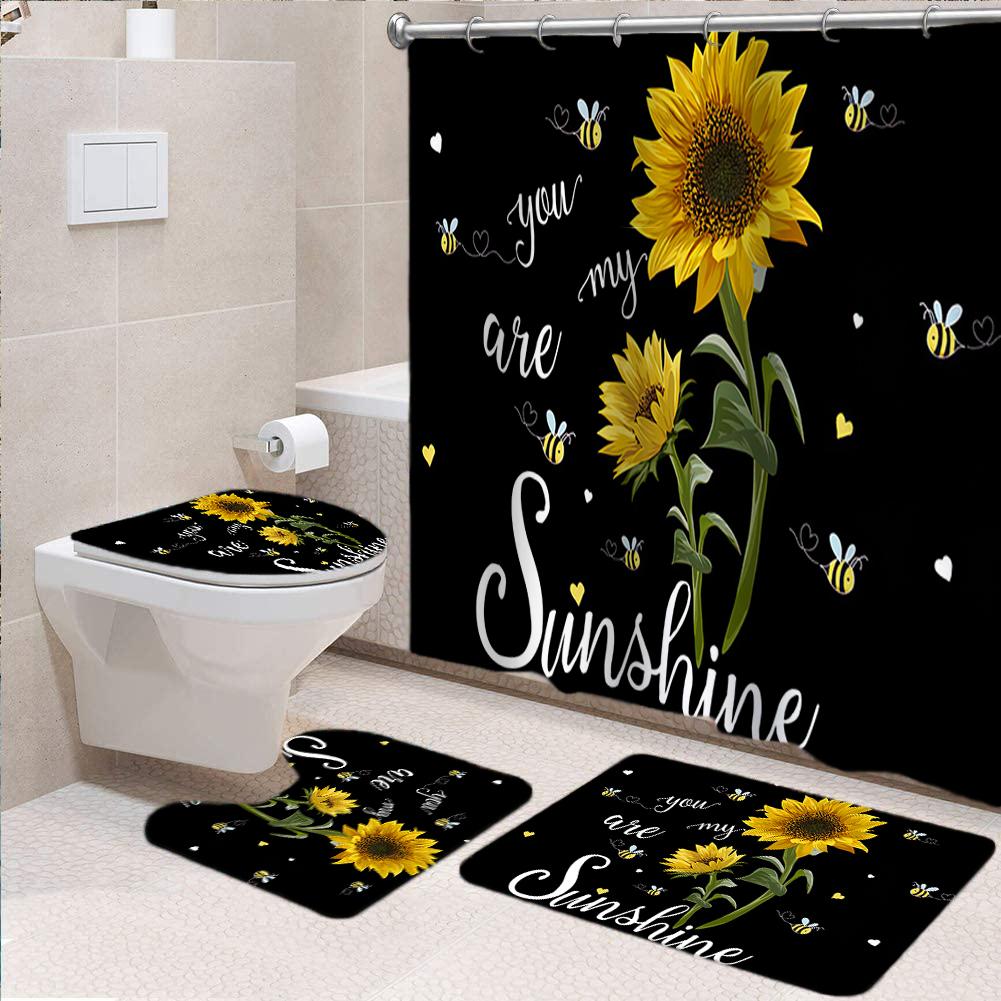 Sunflower Butterfly Waterproof Shower Curtain Bathroom Mats Set Toilet Lid Cover Rugs Anti Slip Carpets Shower Room Floor Mats