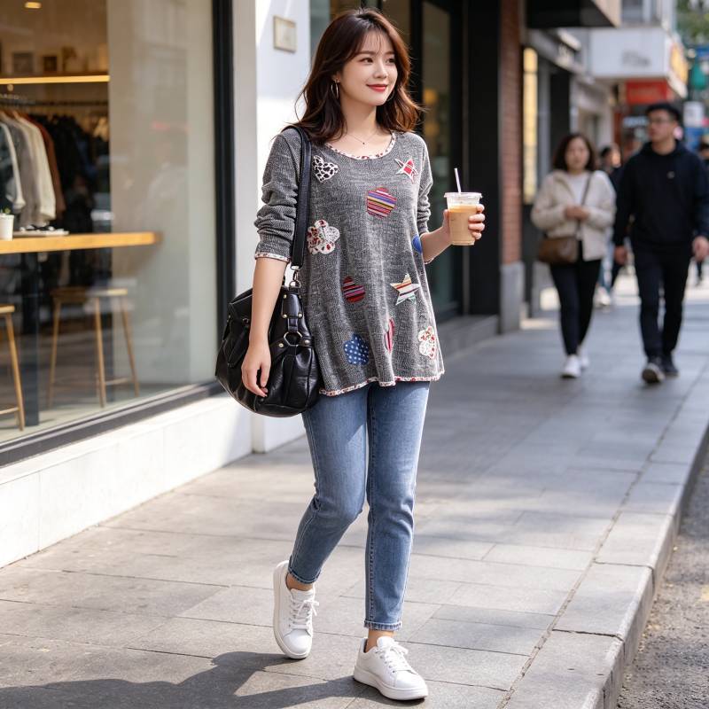 T-shirt da donna a maniche lunghe con scollo rotondo e fantasia floreale, abbigliamento casual per la primavera e l'autunno