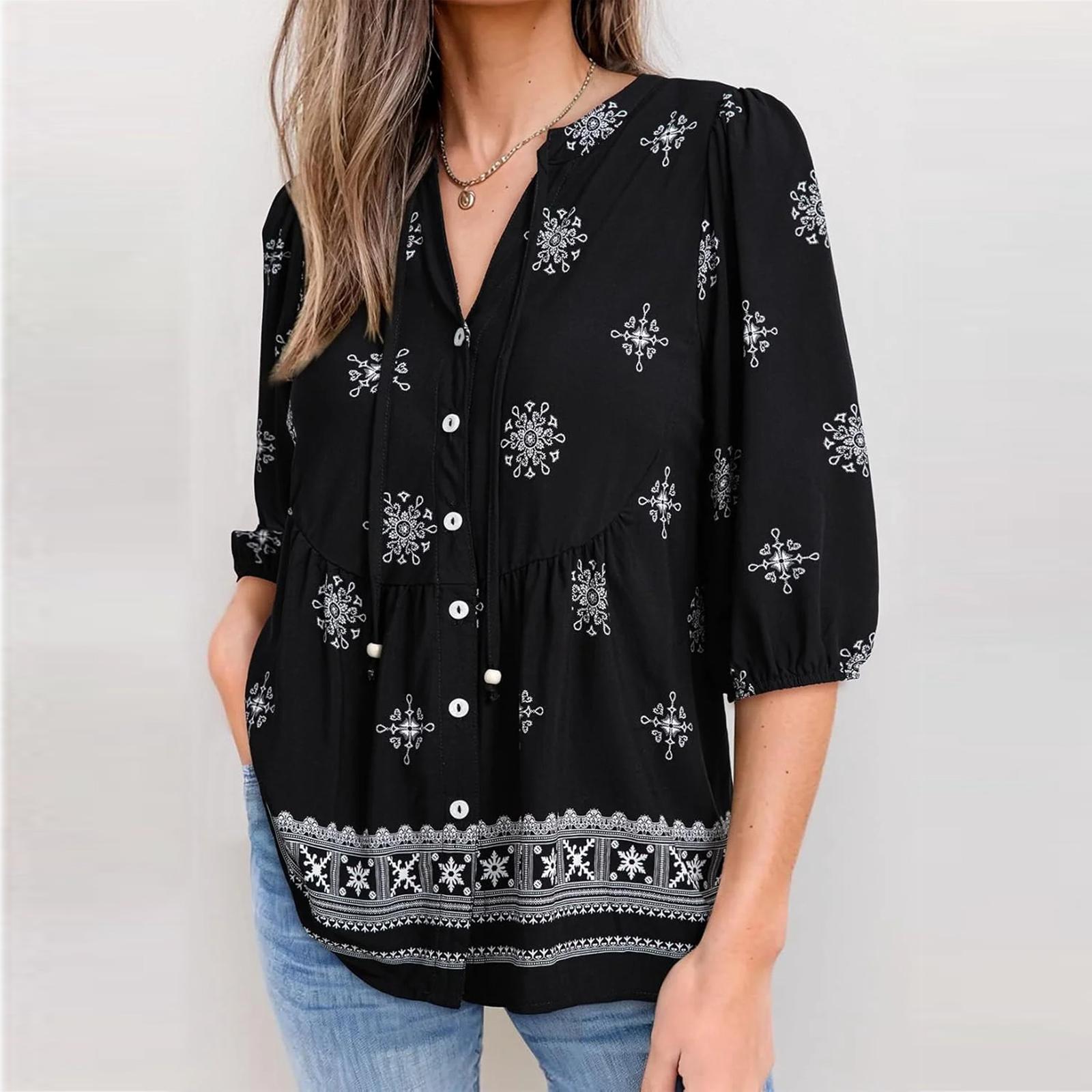 Women s Casual Comfortable Drawstring Summer Floral Short Sleeve Top M чёрный