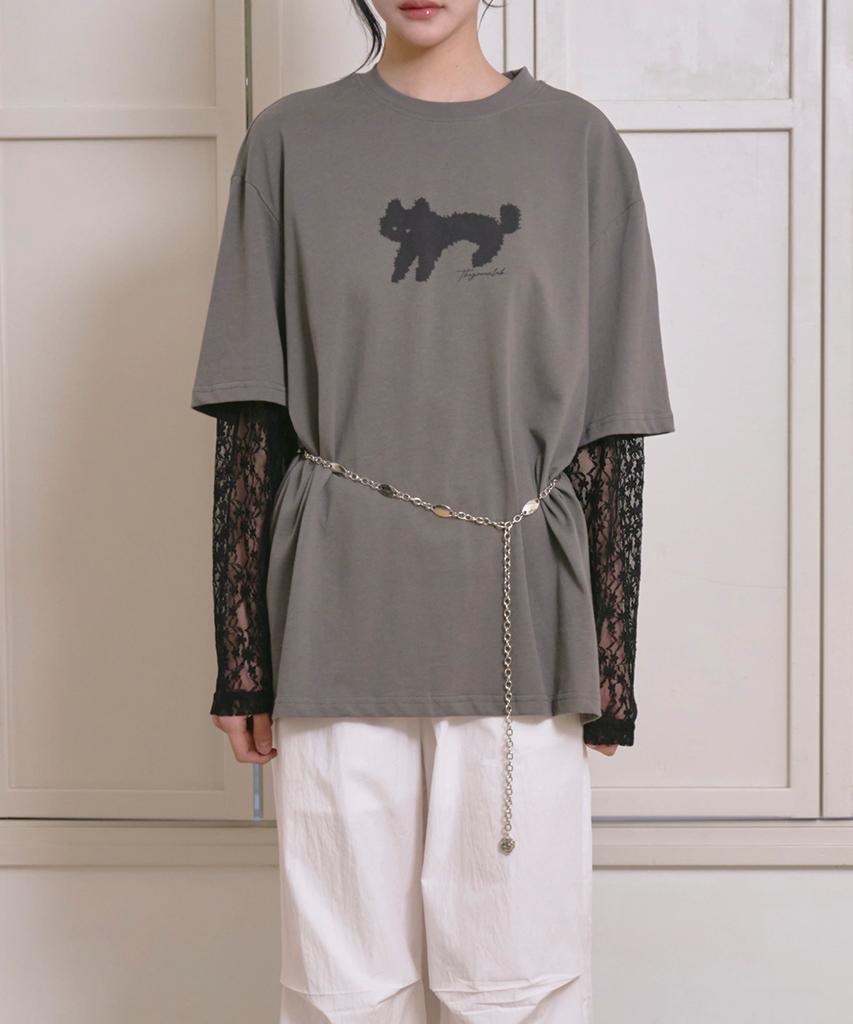 THE GREEN LAB Lace Sleeve Layered Cat T-Shirt [Charcoal Gray]