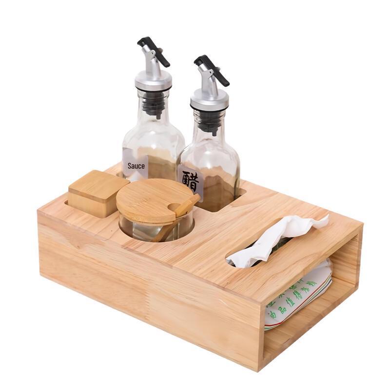 Tabletop Condiment and Seasoning Set with Solid Wood Base