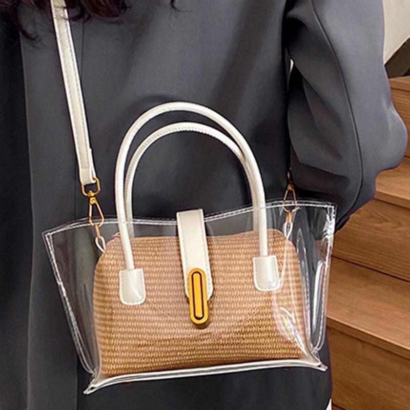 2025 woven bag new Japanese transparent jelly bag tote bag trendy fashion handbag casual shoulder messenger bag