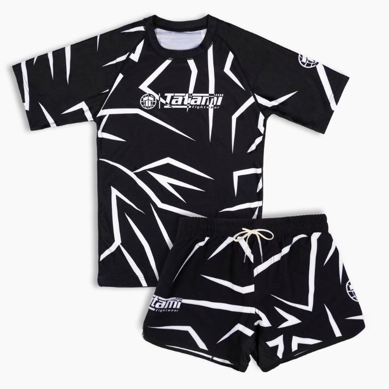 26 Neues MMA Sportset Herren Schwarz Weiß Grafik Rash Guard T-Shirts & Shorts Sets Schnelltrocknend Kampftraining Anzug Erwachsene Kinder