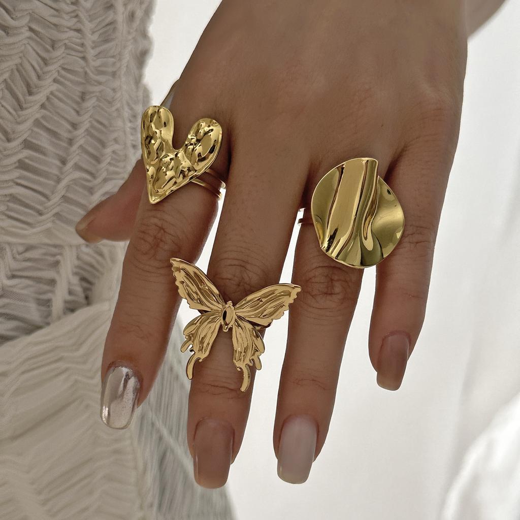 Stainless Steel Gold Plated Rings For Women Hammered Textured Love Heart Butterfly Irregular Wide Open Finger Ring Boho Jewelry