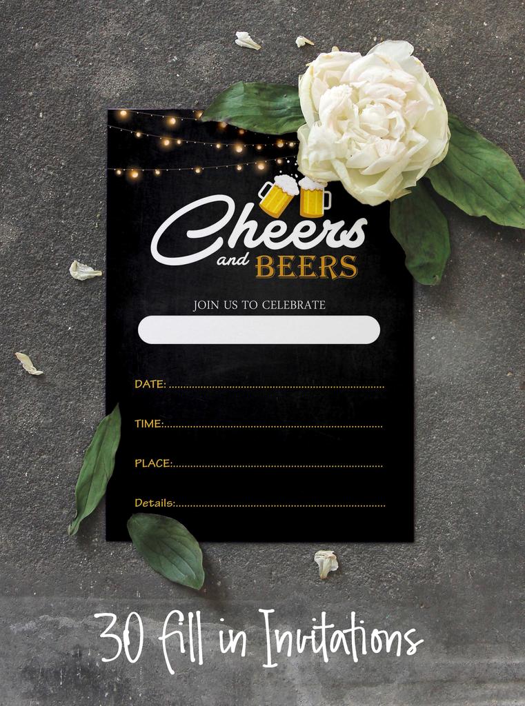 Inkdotpot Cheers and Beers Birthday Invitation,Party Invites, 30 years, 40 years, 50 years, Pack Of 30 Fill In Invitations With Envelopes