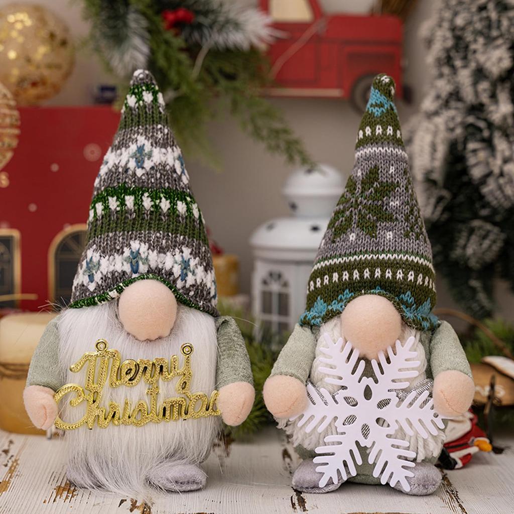 Lighted Christmas Gnomes Plush Decorations With LED Nose Light Up Christmas Gnomes Dwarf Figurines Holding Snowflakes & Merry Christmas Sign 10in