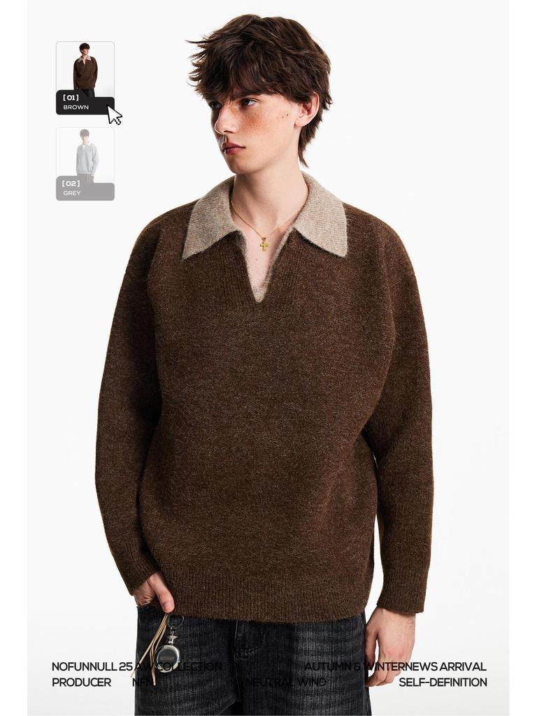 Men's High-End Old Money Style V-Neck Polo Knit Sweater for Autumn/Winter