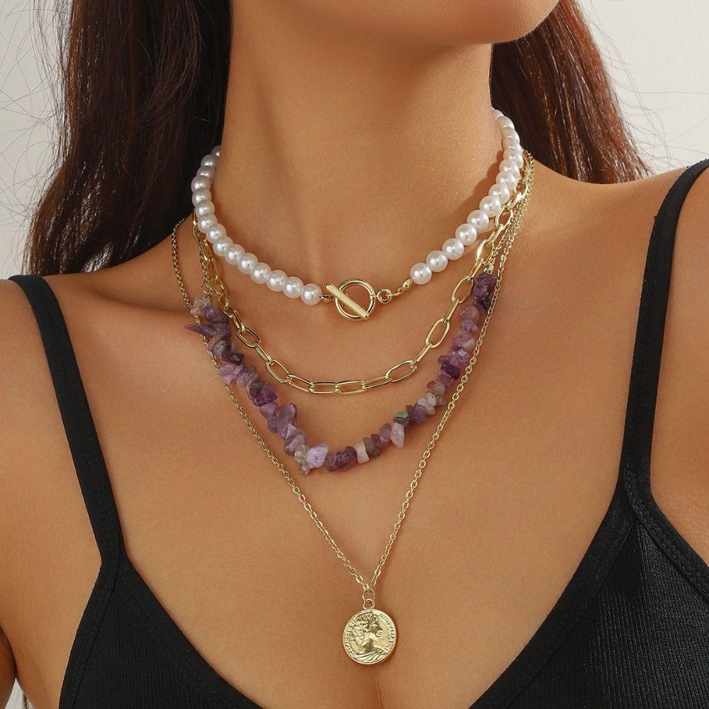 Metal Pendant Pearl Beaded Necklace Elegant Multilayer Necklaces Colored Stone Necklace  Women