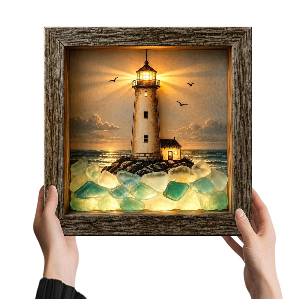 Coastal Lighthouse Sea Glass Night Light DIY Shadow Box Night Light Decorative Theme Ambient Lamp Nautical Tabletop & Wall Decor