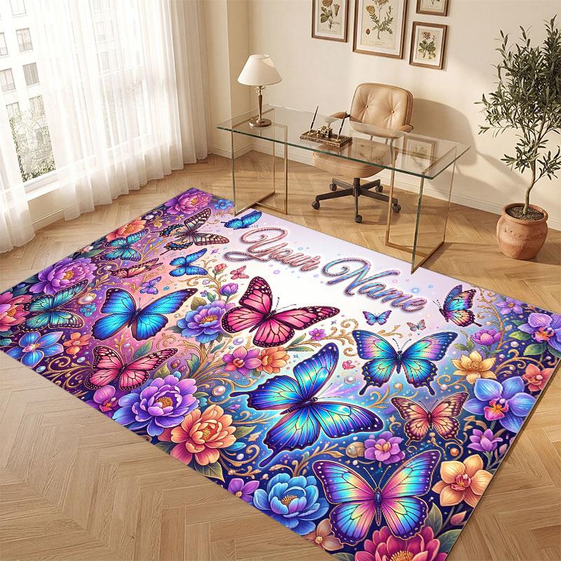 Butterfly Theme Crystal Velvet Floor Rug Personalized Custom Name Text Warm Carpet Home Decoration