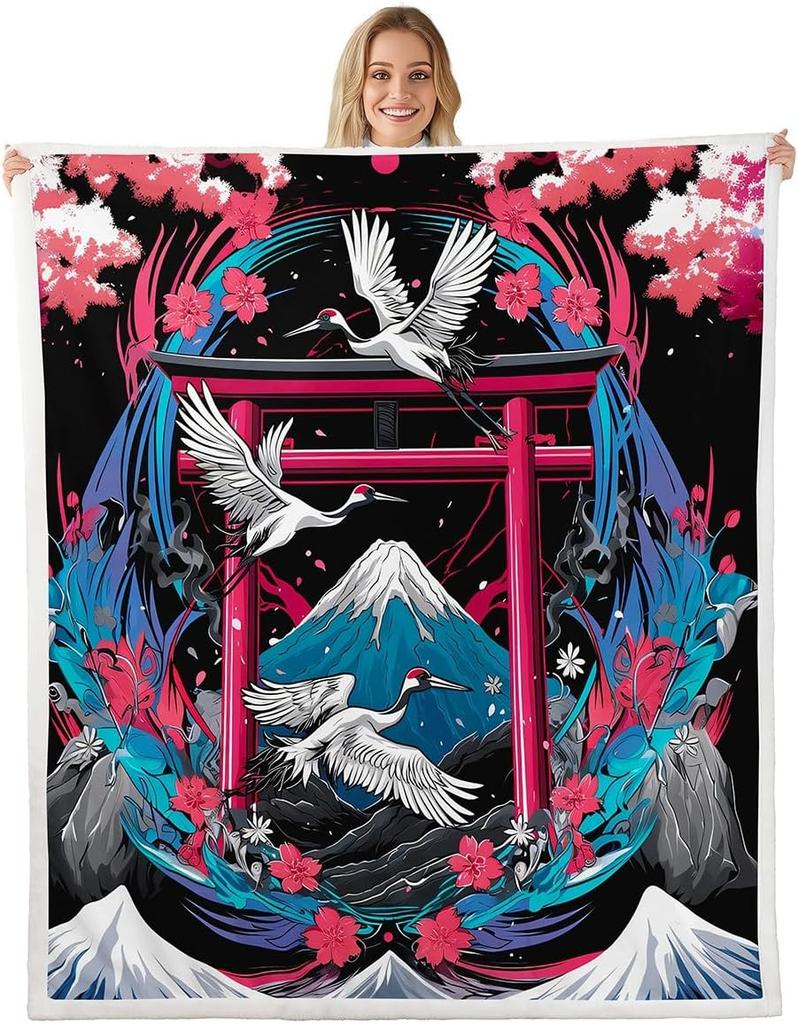 GUOYU Blanket Cat Anime Fleece Throw Blanket Queen Japanese Retro Funny Cat Sherpa Blanket Boys Girls Japanese Style Plush Blanket Japanese