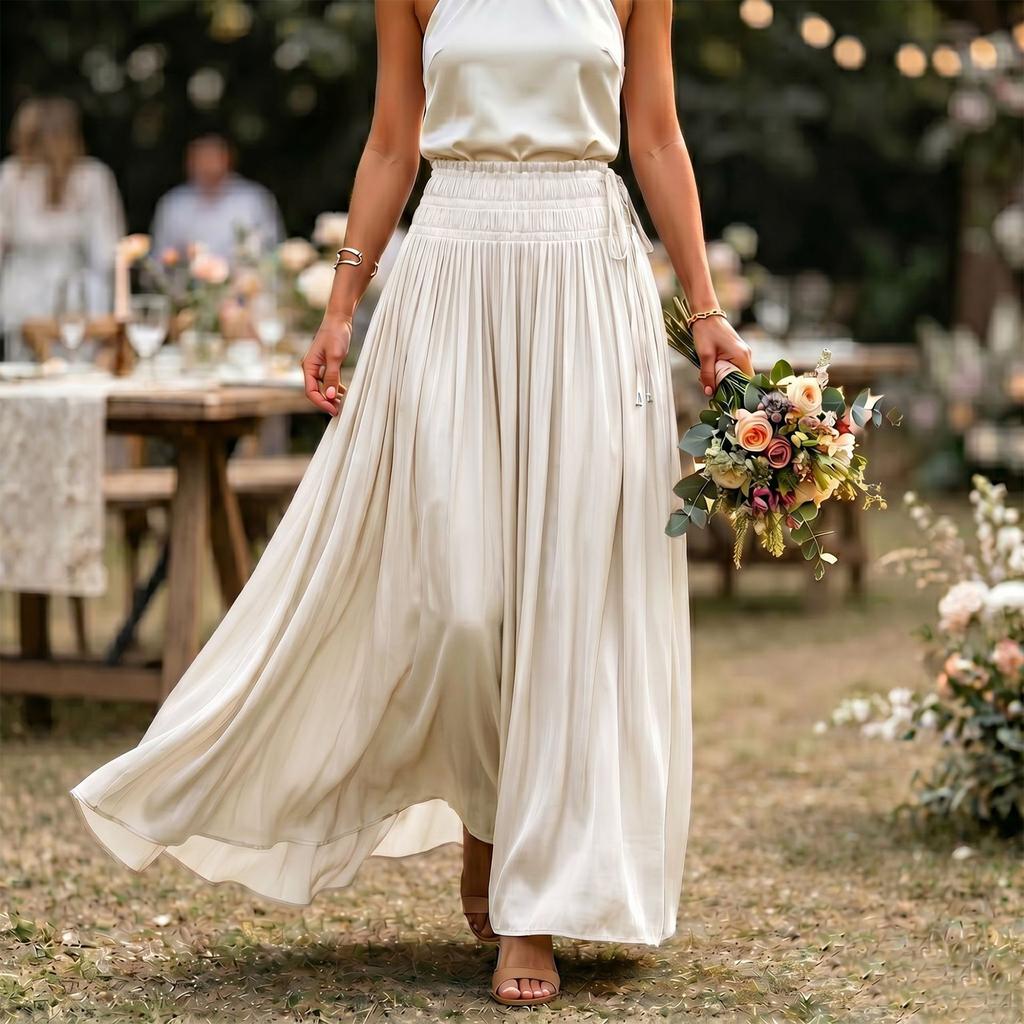 Women’s High Waist Elastic Waistband A-Line Maxi Skirt Flared Hem Loose Fit Lightweight Flowing Fabric Long Skirt for Daily Wear