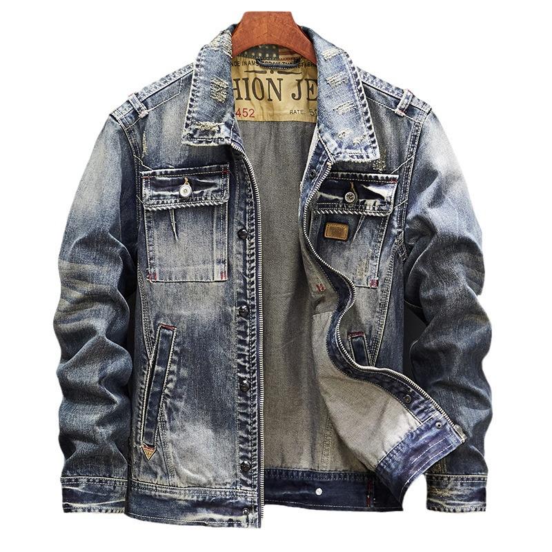 Men's Retro Slim Fit Denim Motorcycle Jacket - Spring/Autumn Collection, Loose Fit, Available In Large Sizes