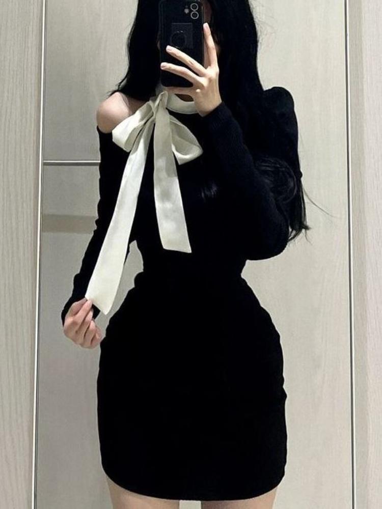 Black Off Shoulder Elegant Slim One Piece Dress Women Autumn Winter New Gyaru Sexy Party Dresses Korean Fashion Bow Y2k Short Dress