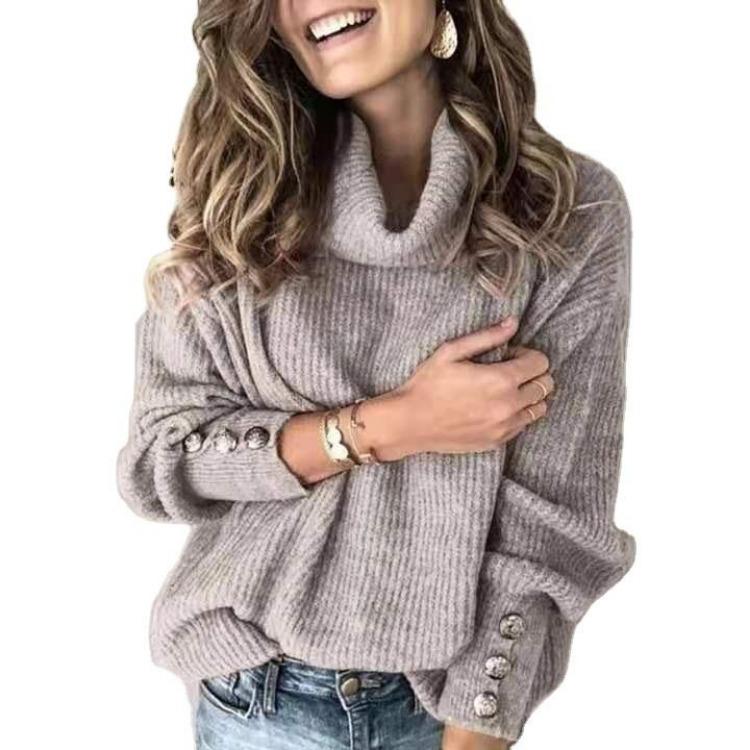 Women Solid Color High Neck Knit Sweater Autumn Winter Casual Fashion Pullover