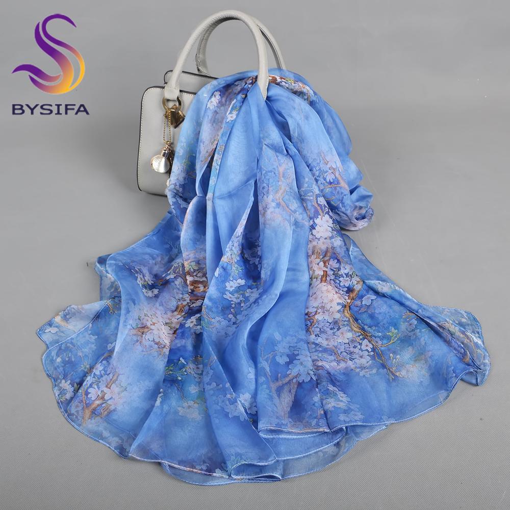[BYSIFA] Blue 100% Silk Scarf Shawl New Floral Design Long Scarves Women Summer Utralong Beach Shawl Winter Scarves 180*110cm