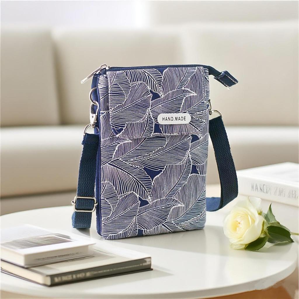 Ethnic White Pattern 5-Layer Crossbody Fabric Bag: Multi-Compartment Fashion Bag for Phone and Makeup, Perfect for Women and Students.