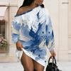 Women Plus Size Off One Shoulder Long Sleeve Blue White Abstract Print Casual Tunic Dress