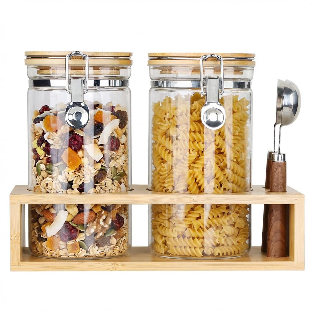 

Set of 2 1200ml Airtight Canisters (1.2L) with Wooden Spoon, Protect from Moisture, for Food Storage, Flour, Coffee Beans, Pasta, and Dried Goods, wit